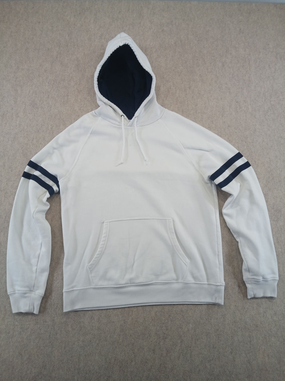 Old Navy Men's White/Navy Pullover Hoodie L Striped Sleeves Kangaroo Pocket